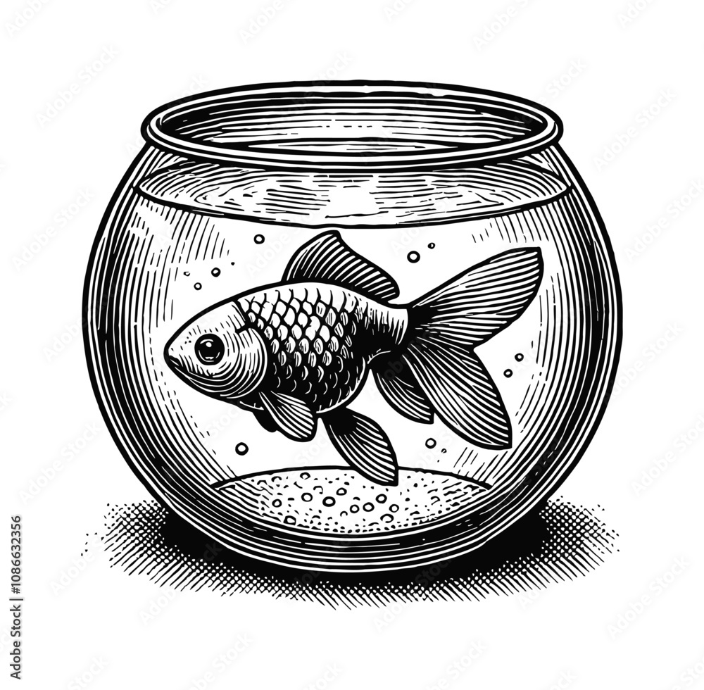 aquarium with a single fish inside engraving black and white outline