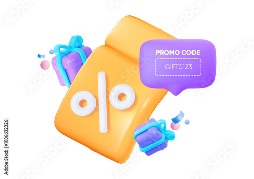 A golden coupon with flying gifts, a speech bubble, and a text field for a promo code. Vector illustration. photo