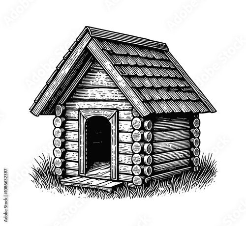 dog house engraving black and white outline