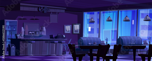 Cozy coffee shop interior during nighttime with violet and blue lighting. Bar counter with cups, bottles and supplies. Modern pendant lamps under dining area with comfortable sofas near windows.