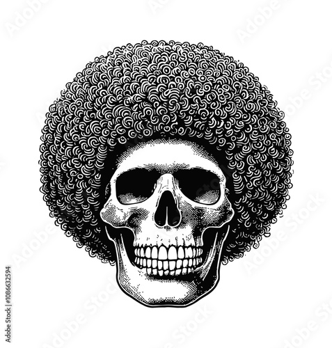 human skull with an afro hairstyle engraving black and white outline