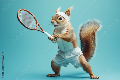 Squirrel Tennis Player Swinging Racket on Plain Colored Background photo