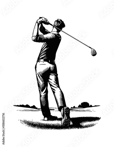 man hitting a golf ball engraving black and white outline