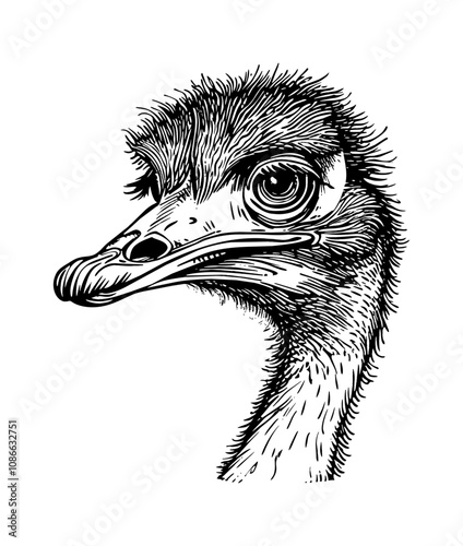 ostrich head engraving black and white outline