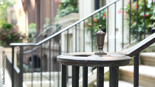 New York City townhouse building, Brooklyn Heights residential district, USA. Brownstone urban architecture, attached house. United States real estate, american property, apartments and homes in NYC.