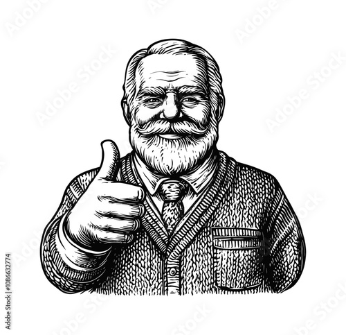 grandpa show thumb up engraving black and white outline