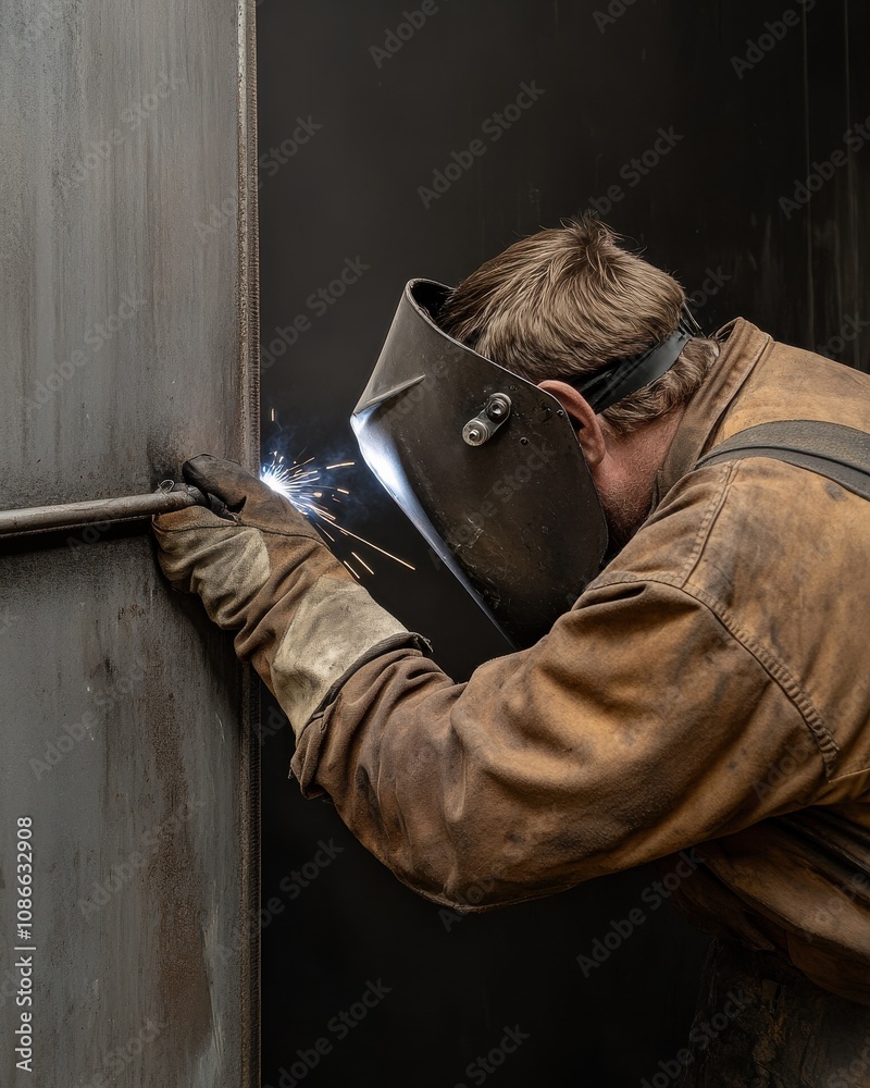 A welder in protective gear works on metal, creating sparks while expertly welding a steel structure in a dimly lit environment. A welder in protective gear works on metal, creating sparks while expertly welding a steel structure in a dimly lit environment.