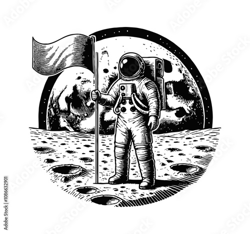 astronaut standing on a cratered moon surface holding flag engraving black and white outline