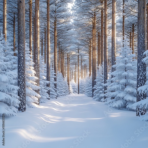 A snowy path through a dense pine forest, sunlight filtering through the trees.