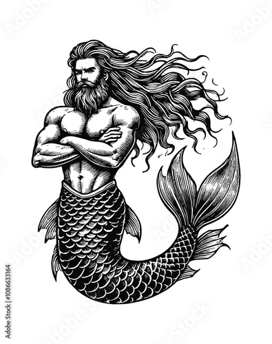 mermaid man beard long hair engraving black and white outline