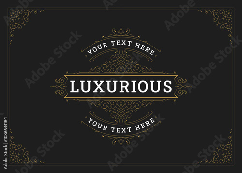 Vintage flourishes golden ornament greeting card template design vector illustration. Calligraphic luxury elements swirl ornate vignette for royal wedding invitation label cover emblem signage
