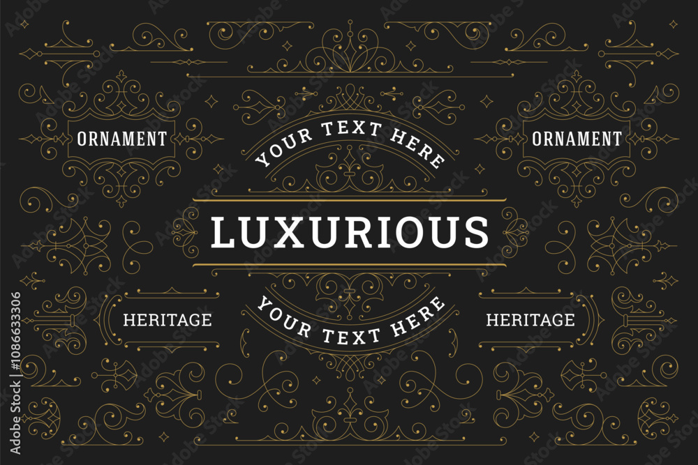 Royal flourishes swirl ornament corner divider logo design element set vector illustration. Luxury vintage scroll floral motif for text page decoration old style greeting card invitation and menu Royal flourishes swirl ornament corner divider logo design element set vector illustration. Luxury vintage scroll floral motif for text page decoration old style greeting card invitation and menu