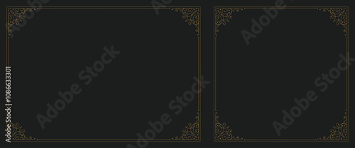 Vintage flourishes ornamental golden frame border with corner set vector illustration. Royal swirl calligraphic elegant filigree rectangle squared boundary design elements for invitation card