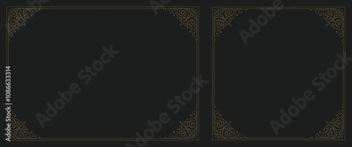 Luxury golden vintage filigree frame with corner set vector illustration. Royal flourishes ornament swirl vignette old style rectangle squared border for text decor restaurant menu book cover