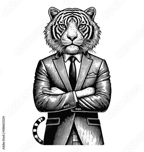 tiger headed businessman wearing a suit and tie engraving black and white outline
