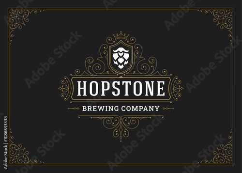 Vintage flourishes ornament logo for beer pub with hops crown design template vector illustration. Royal classic old style filigree Victorian emblem with shield and floral motif for brewery