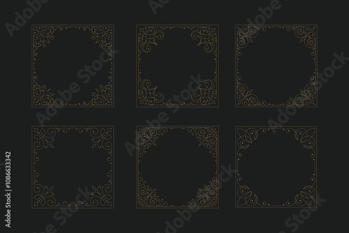 Luxury vintage swirl flourishes ornament squared frame with corner set vector illustration. Royal antique golden border decorative boundary floral motif for text wedding card label emblem