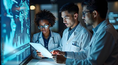 A diverse group of scientists examines holographic data on climate change, showcasing teamwork and innovation in a high-tech environment