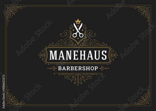 Royal classical Victorian ornament logo for barbershop with scissors design template vector illustration. Vintage flourishes filigree elegant golden emblem with crown for grooming service hairdresser