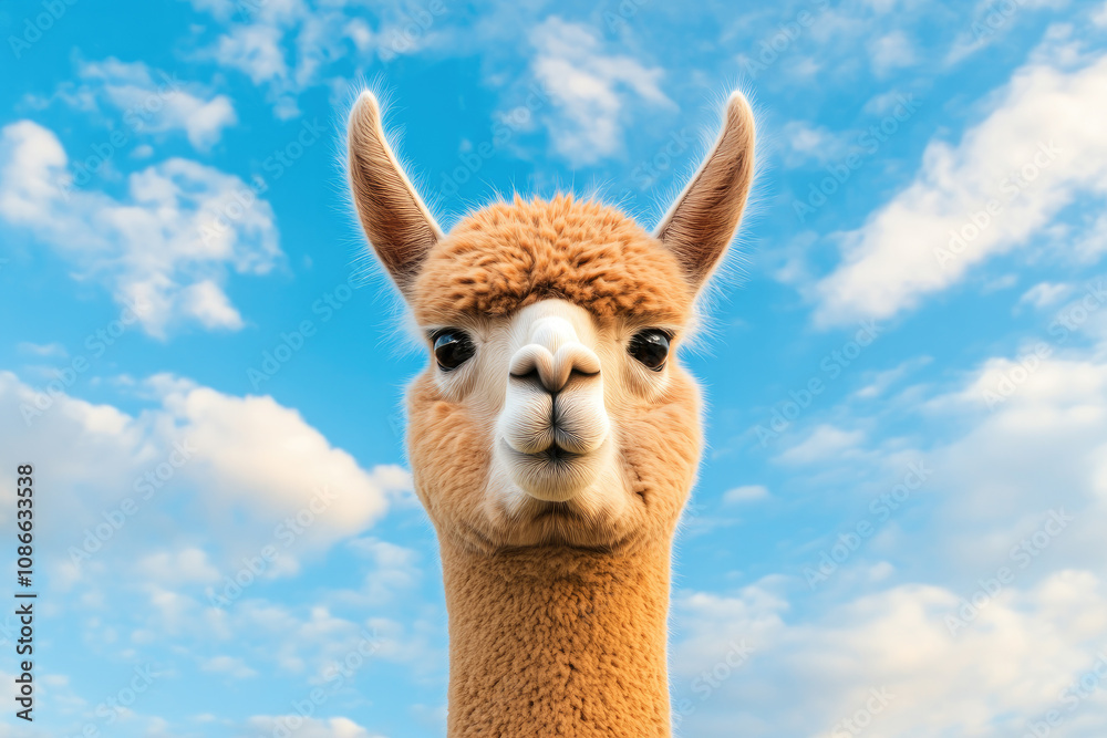 Obraz premium Curious alpaca close-up in pastoral setting nature photography blue sky background animal portrait tranquil environment