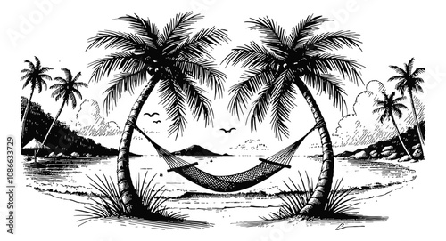 palm tree hammock engraving black and white outline