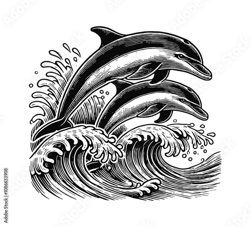 two dolphins leaping from ocean wave engraving black and white outline