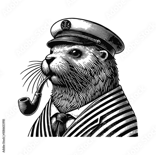 seal with sailor costume and smoking pipe engraving black and white outline