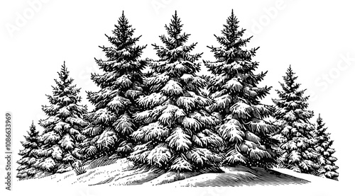 snow covered fir trees engraving black and white outline
