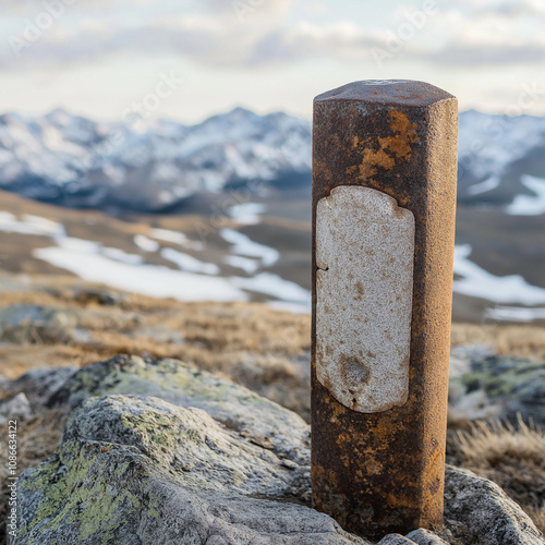 Rusty metal beam standing on rocky terrain 