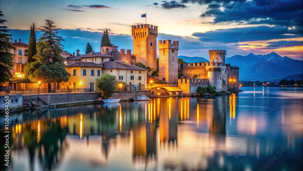 Fototapeta premium Romantic Italian lakefront views come alive with Sirmione's night photography.