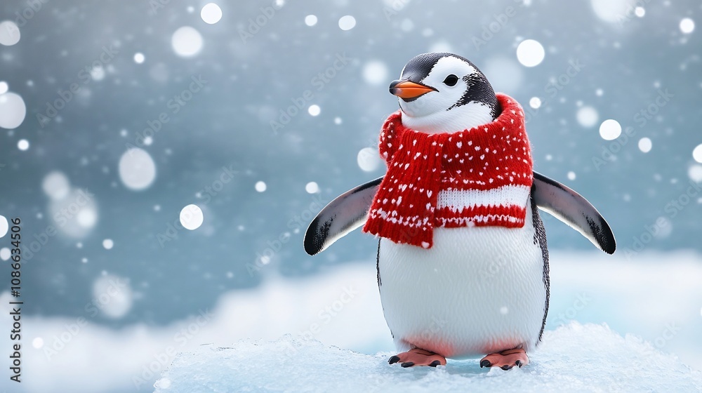 Playful Penguin in Festive Winter Attire Stands on Icy Floe with Snowy Background Playful Penguin in Festive Winter Attire Stands on Icy Floe with Snowy Background