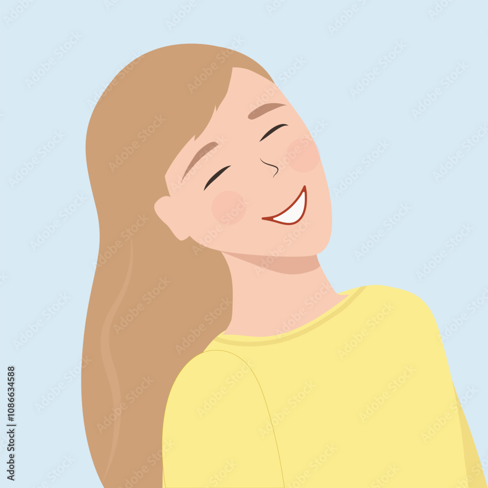 Young cute girl happy, laughing. Flat style on white background. Young cute girl happy, laughing. Flat style on white background.