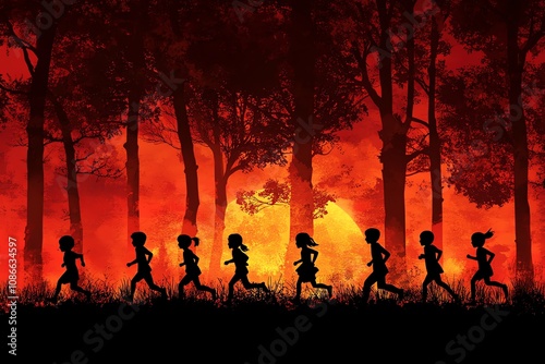 Silhouette of children running through a forest fire at sunset.