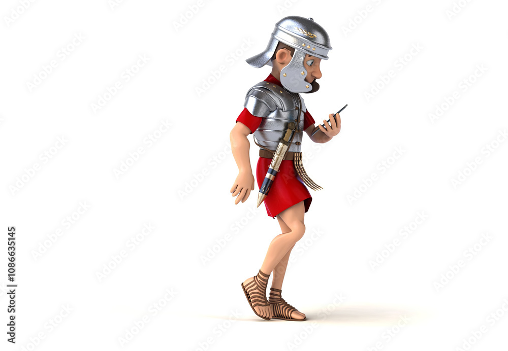 Fun 3D cartoon roman soldier walking with a smartphone Fun 3D cartoon roman soldier walking with a smartphone