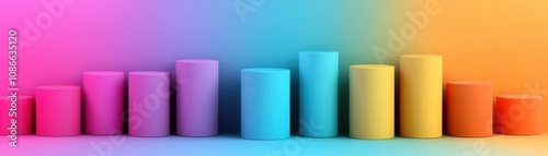 Colorful cylindrical bars arranged in a gradient, representing data visualization or statistical information.