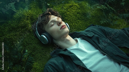 Teen lying on green hillside, headphones in, soaking up nature photo