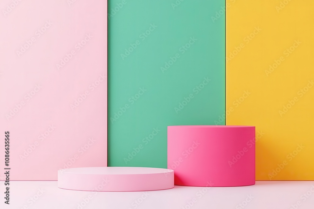 A minimalist composition featuring round pastel containers against colorful backgrounds in pink, green, and yellow, creating a vibrant and playful aesthetic. A minimalist composition featuring round pastel containers against colorful backgrounds in pink, green, and yellow, creating a vibrant and playful aesthetic.