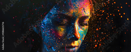 A young woman stands motionless as a dazzling array of colors envelops her face, radiating creativity and tranquility, creating a captivating visual spectacle. Generative AI