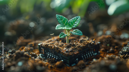 plant grows in microprocessor surronded by soil photo