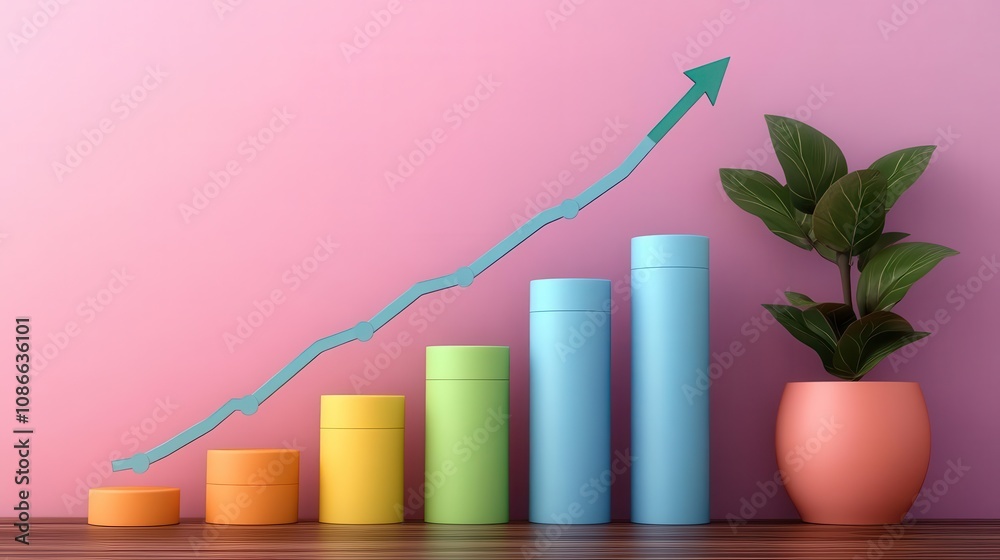 A vibrant image showing colorful cylindrical containers representing growth, alongside a green plant, all set against a pink background.