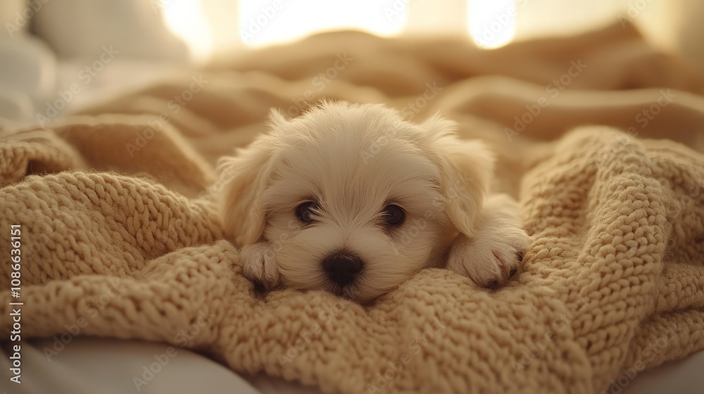 Adorable Fluffy White Puppy Resting in a Softly Lit Bedroom Adorable Fluffy White Puppy Resting in a Softly Lit Bedroom