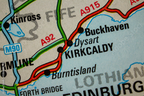 Kirkcaldy, Scotland, United Kingdom colour atlas map town name of the area photo