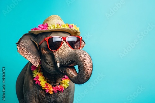 Elephant in Summer Party Mood Funny Portrait of Big Animal in Beach Attire on Plain Colored