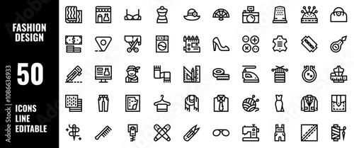 50 Fashion Design Icons Set Pack Line Editable Vector Illustration