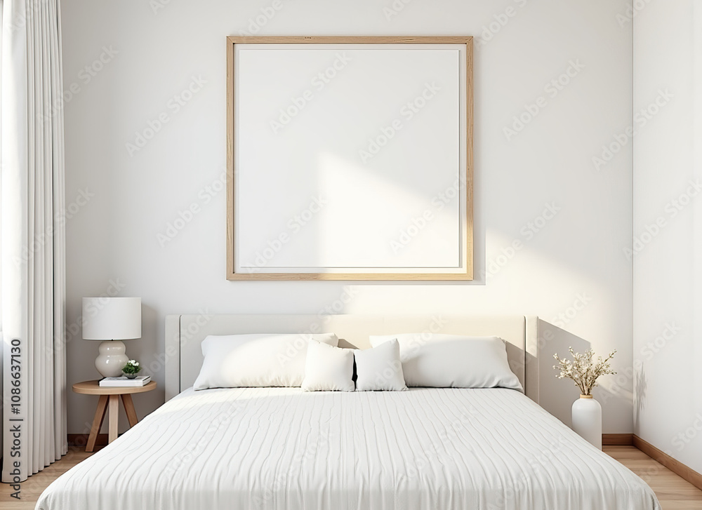 Comfortable bedroom interior with a soft bed, soft pillows, and elegant decor, mockup frame on wall Comfortable bedroom interior with a soft bed, soft pillows, and elegant decor, mockup frame on wall