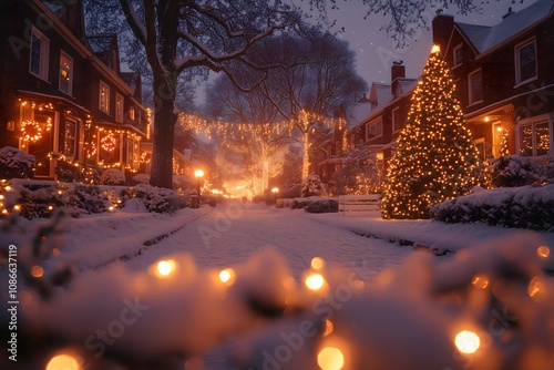 Snowy Christmas Street: A picturesque winter scene with a snow-covered street lined with charming houses adorned with festive lights. The warm glow of the lights creates a cozy and magical atmosphere. photo