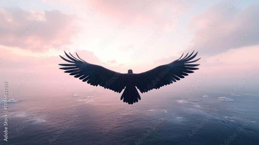 Obraz premium Eagle Soaring Above the Ocean at Sunset