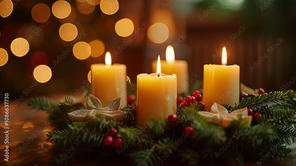 Illuminated yellow candles amidst pine branches and cones with a warm bokeh backdrop, conveying a cozy, festive atmosphere suitable for holiday-themed projects Illuminated yellow candles amidst pine branches and cones with a warm bokeh backdrop, conveying a cozy, festive atmosphere suitable for holiday-themed projects