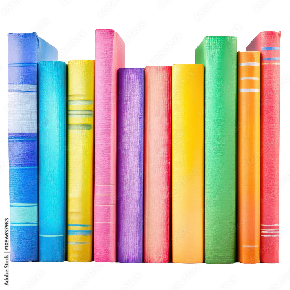 A row of colorful books with bright covers in a variety of hues, neatly arranged, isolated on a white background, symbolizing education and creativity.


