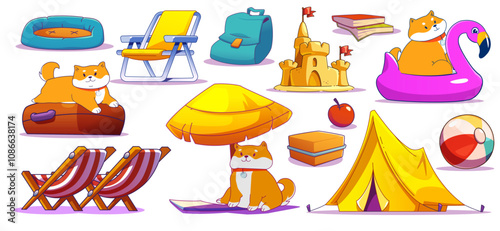 Cute dog and beach accessories set isolated on white background. Contemporary vector cartoon illustration of shiba inu puppy enjoying summer rest, chaise lounge, tent, inflatable toys, sand castle